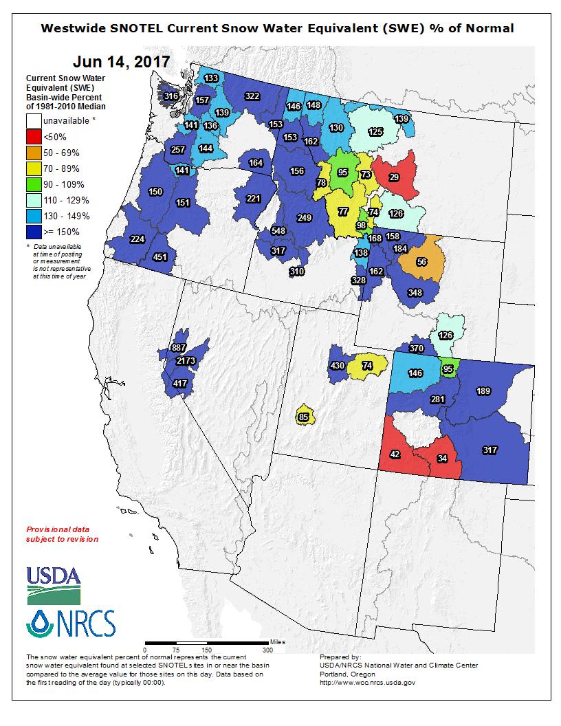 NRCS Snow Water Equivalent Montana NW: Greater than average S/SW: Dropped rapidly Wyoming Lot of snow in the Wind River Mountains (8 + at higher elevations (~10,500) Snow coming off the Teton