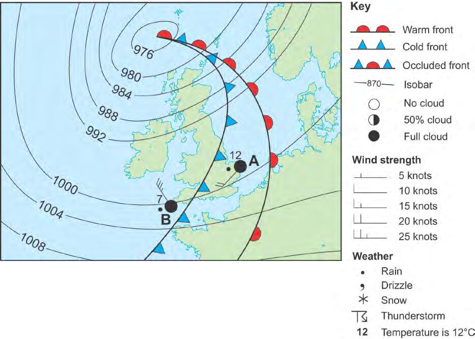 GCSE GEOGRAPHY Sample Assessment Materials 44 (b) Study Weather Map 1.3 below. It shows a low pressure system (depression) over the British Isles in March 2011. Weather Map 1.3 (i) Complete Weather Map 1.