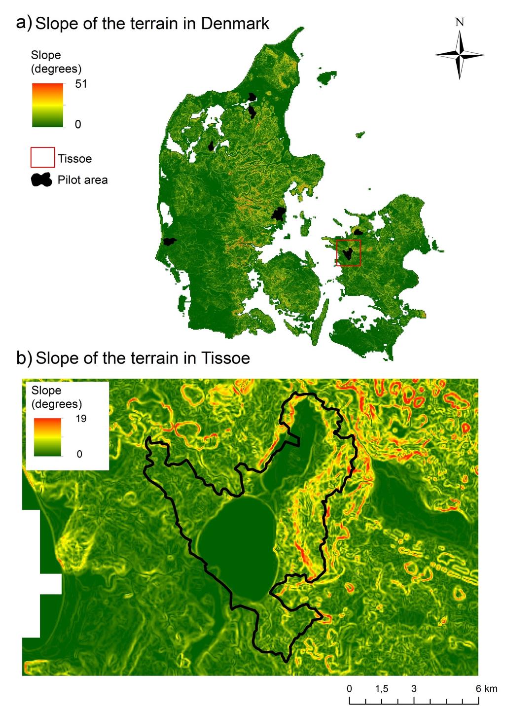 Map 2: Slope of the terrain in Denmark (a) and in