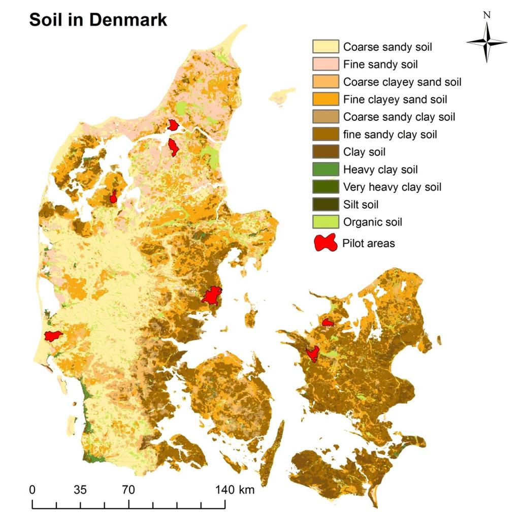 2.2. Soil type Overall the western soils of Denmark contain a high sand percentage whereas the eastern parts are dominated by the more heavy soils - clay (map 1).