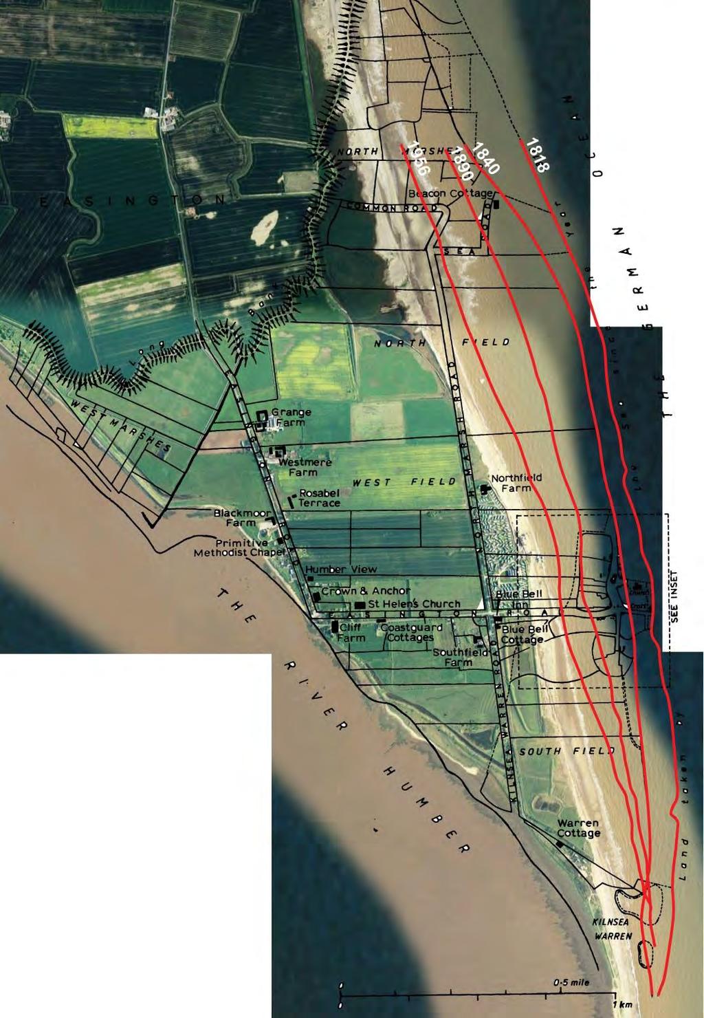 Aerial photograph of Kilnsea taken 2007, overlain with enclosure map surveyed 1818 and 1840, and