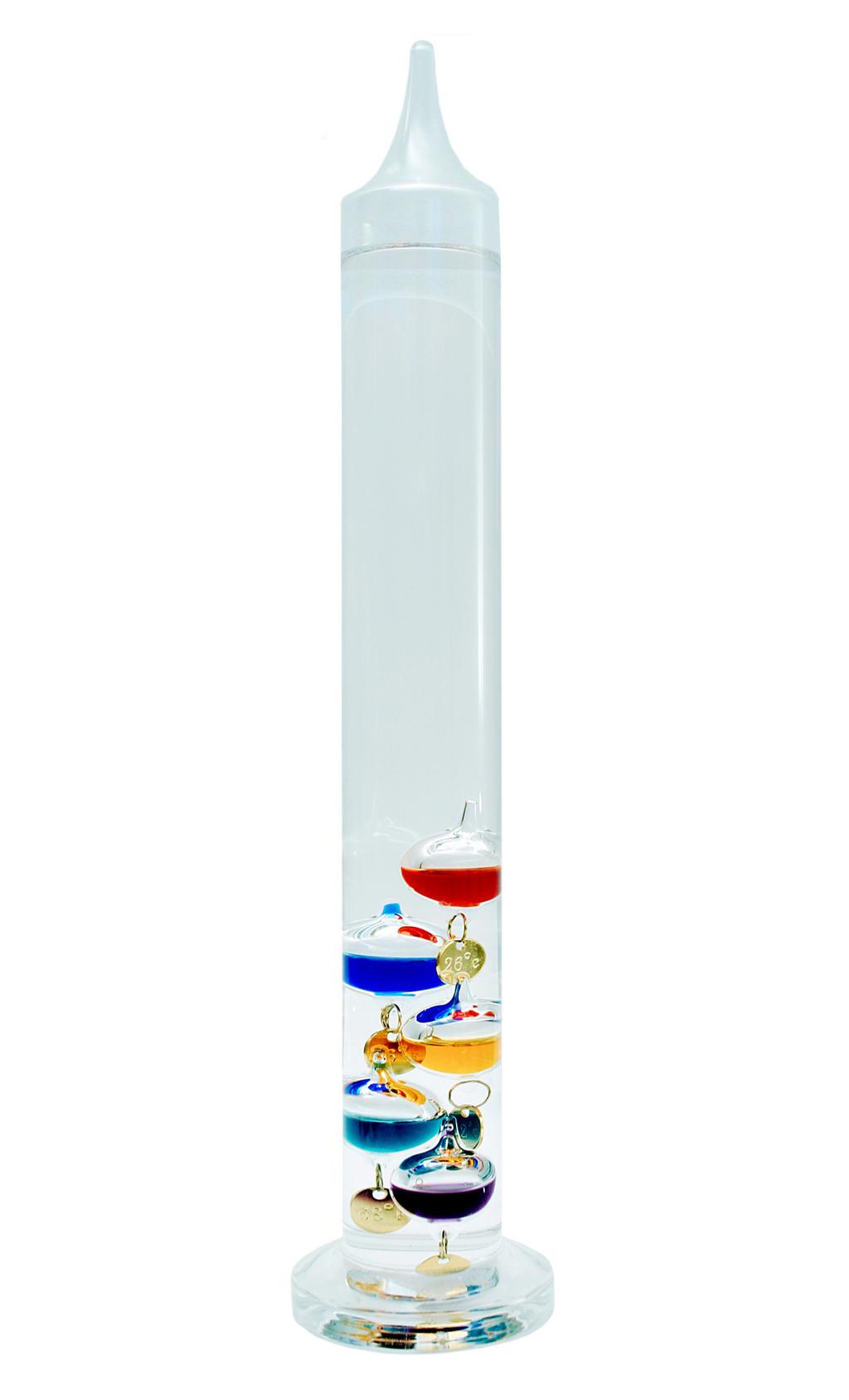 37. A photograph of a Galileo thermometer is shown in Figure 13.9. Explain how such a thermometer works. What property of the liquid inside the thermometer is being exploited in this thermometer? 38.