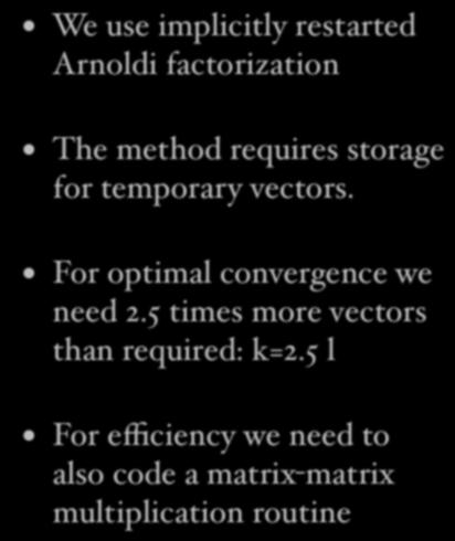 Eigensolvers We use implicitly restarted Arnoldi factorization The method requires storage for temporary vectors.