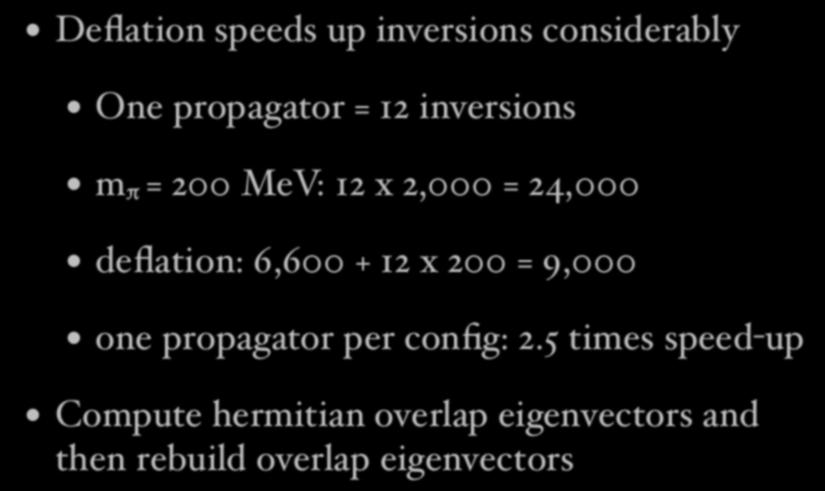 Overlap eigensystem Deflation speeds up inversions considerably One propagator = 12 inversions m π = 200 MeV: 12 x 2,000 = 24,000 deflation: