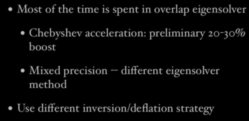 Outlook Most of the time is spent in overlap eigensolver Chebyshev acceleration: preliminary 20-30%