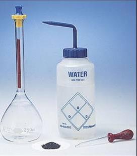 Solution Preparation from Pure Solute Rinse all the solid from the weighing dish into the flask. Fill the flask ⅓ full. Swirl to dissolve the solid.