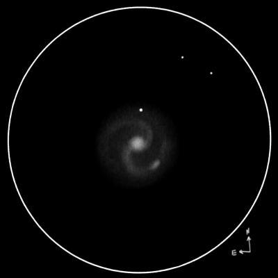 The galaxy was fairly faint, very low surface brightness with a bright, non-stellar nucleus surrounded by a 4' round halo. It was visible with direct vision @ 50X (50'), but faint.