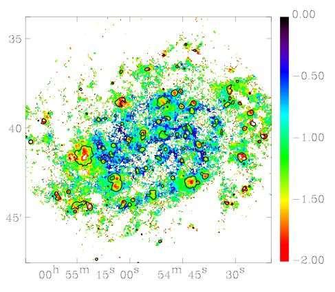 on the excitation of aromatic bands: 8 μm / Hα map: aromatics depleted inside HII regions (cf Galactic studies