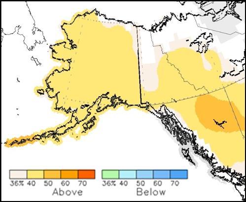 Climate Temperature OUTLOOK All of Alaska is predicted to have 40-50% probability of being above average temperature for April to June 2017.