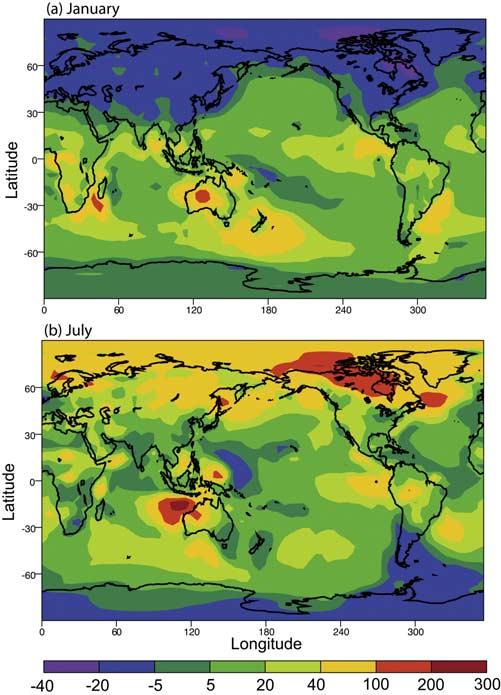 The 15% increase in HNO 3 appears uniformly over most ocean regions.