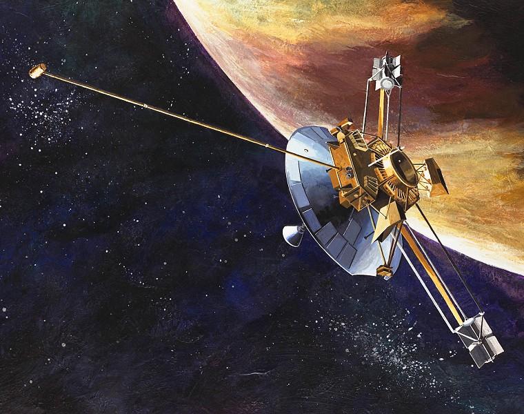 Figure 1: Pioneer 10 and Jupiter, in an artist s rendition. In December 1973, Pioneer 10 was whipped around the giant planet and gained enough kinetic energy to escape the solar system.
