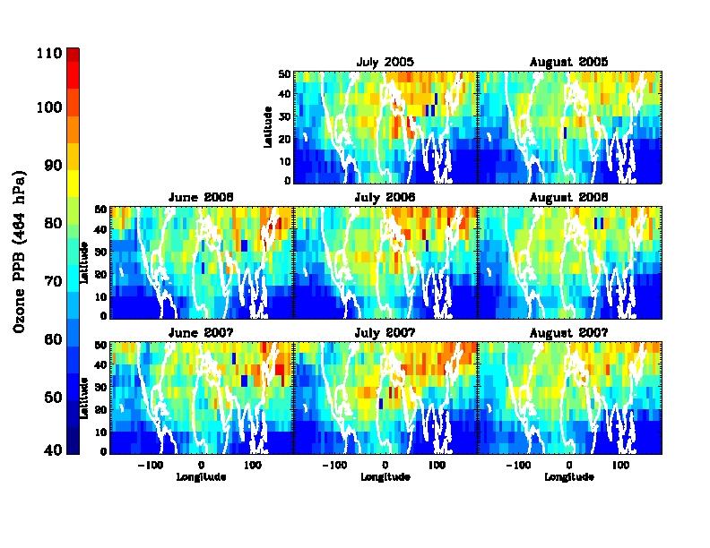 Figure 1: TES monthly averaged ozone at 464 hpa. Data are gridded on a 6x6 degree bin.