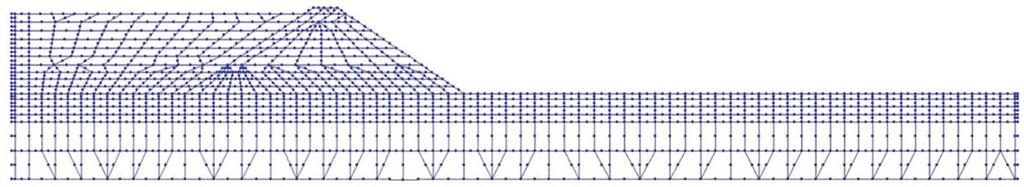 related loads applied in the finite-difference modeling approach described in the previous section. Figure 5. Finite-element mesh of the analyzed TSF embankment-foundation system.