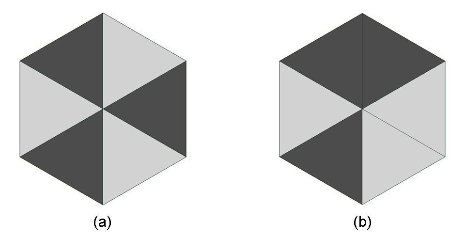 Figure 2: Hexagonal fuel assemblies symmetrically (a) and asymmetrically (b) composed of fuel types 1 (3% enriched: gray) and 2 (4% enriched: black).