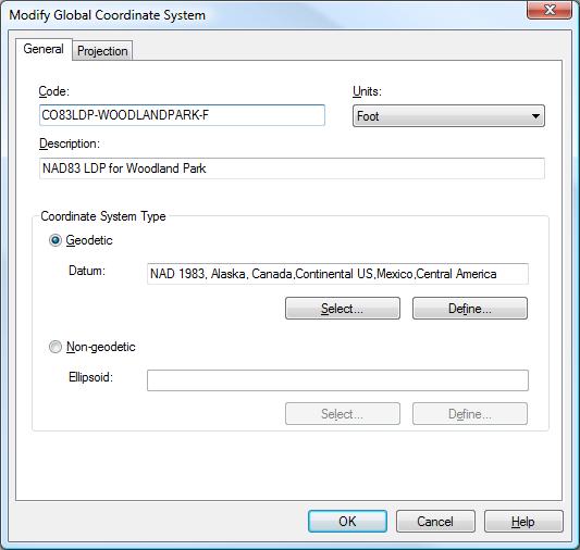 Modify Coordinate System - "General" tab Once you have selected the proper category, select "Define.