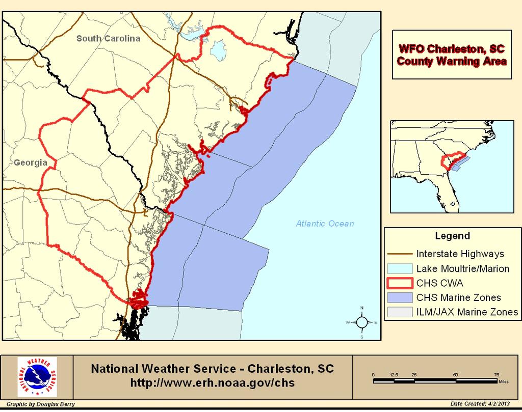 NWS Charleston Area of Responsibility 20 Counties / 26 Zones, including Atlantic Waters 2 Major Airports (CHS & SAV) 1 Large Inland Lake (Lake