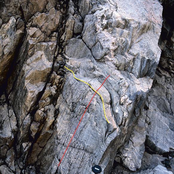 Foliation, cleavage, lineation 155 Figure 15.9 This granitic gneiss has a relatively strong early foliation (or gneissic layering) and a weak, parallel cleavage (yellow line).