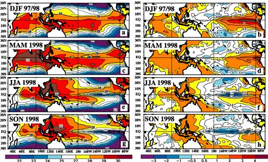 1997/98 ENSO Evolution Seasonal SST (left) and anomaly (right) for (a,b) DJF