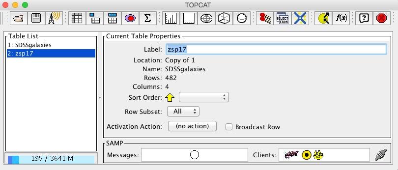 In the main window of TOPCAT select the subset zsp17 and duplicate the table (File Duplicate Table). Rename the new table to zsp17. Figure 5: Duplicating and renaming the table with TOPCAT.