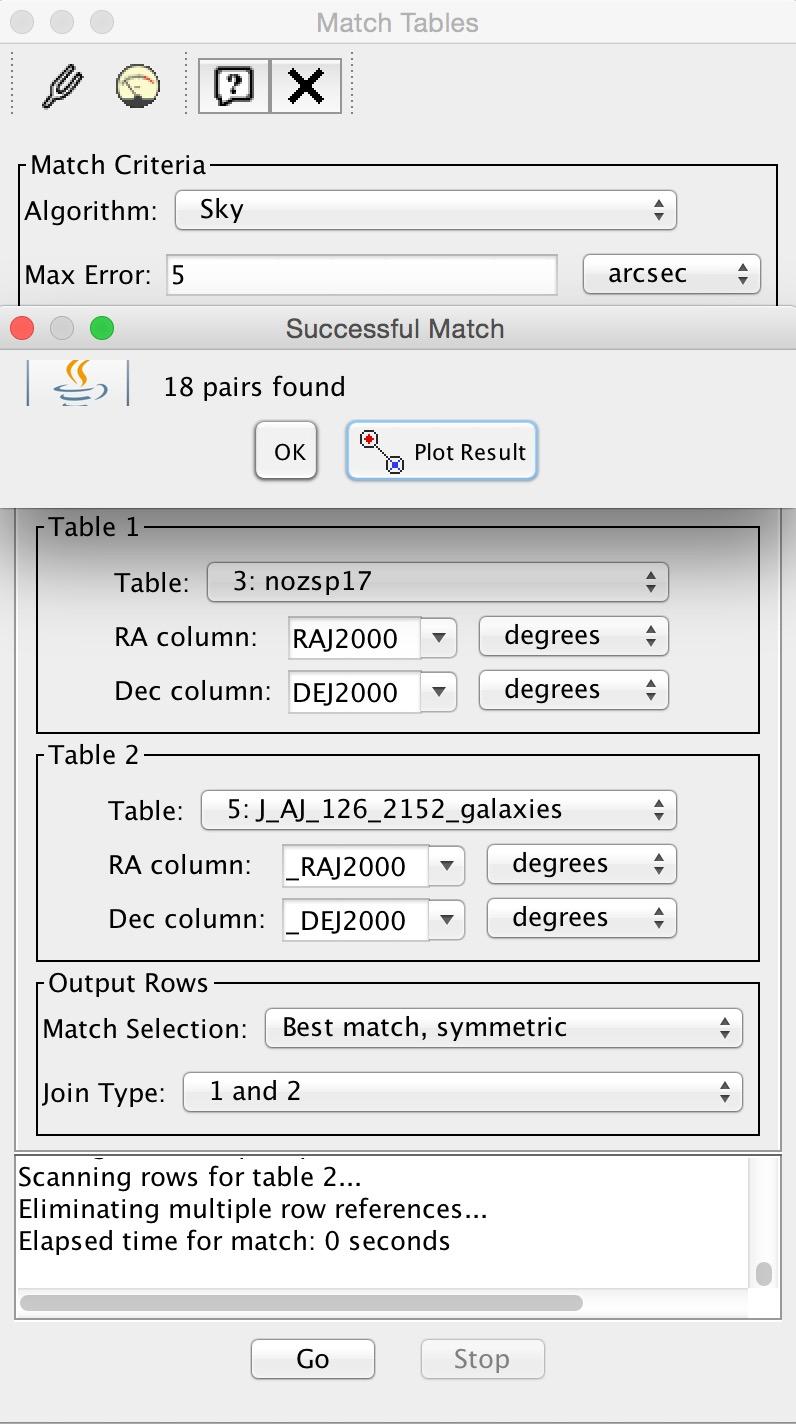pair match or ) - Use sky algorithm with 5 max error and choose Best match, symmetric. Figure 7: X-matching with TOPCAT.