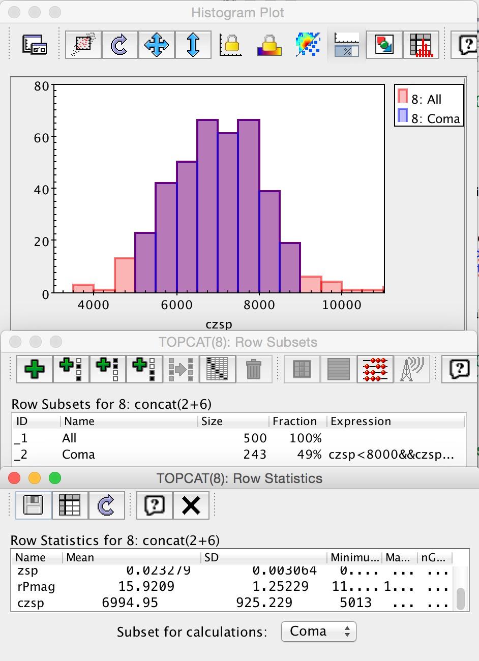 Select this Coma subset in the main window of TOPCAT and open the Row Statistics window.