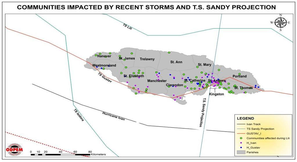 Fig 3: History of affected communities and projected path of Tropical Storm Sandy (Grovedale Avenue, Sandy Park and Tavern/Kintyre, Taylor Lands/Weise Road, Bull Bay also remain on the watch list for