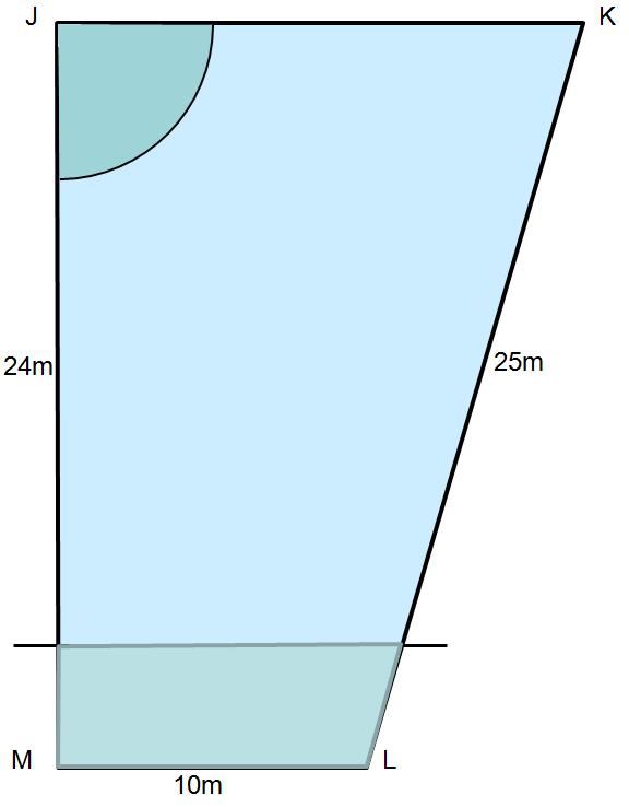 12. The plan of a swimming pool is shown below.. One dimension is missing. Tb Calculate this distance by Pythagoras: 25 2 24 2 = 49 So this is 7m and Tb =17m 5m radius.