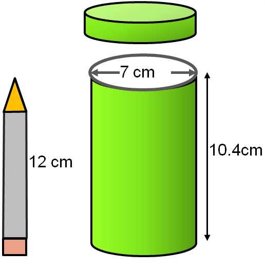 7. Sylvia had a pencil-case in the shape of a cylinder with the dimensions shown. The pencil case had a tight top that fitted snugly. She wanted to put a 12 cm pencil in her pencil-case.