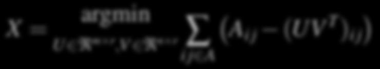 Matrix Factorization We replace objective X = argmin X R m n i j A (A i j X i j ) 2 with the factorized objective X = argmin U