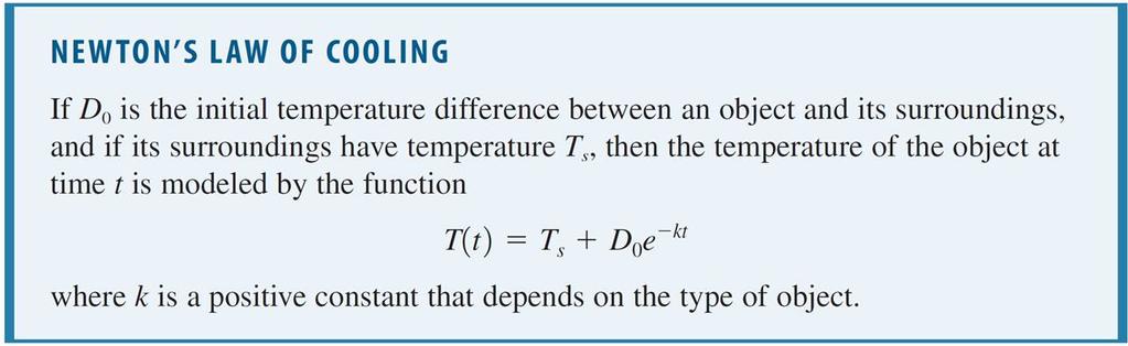 Newton s Law of Cooling Newton s Law of Cooling states that the rate at which an object cools is proportional to the temperature difference between the