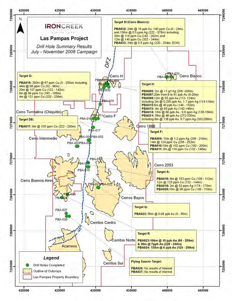 Figure 51: Drill Hole Locations and Best Drill Intercepts, Las Pampas Project, 2008 Campaign.