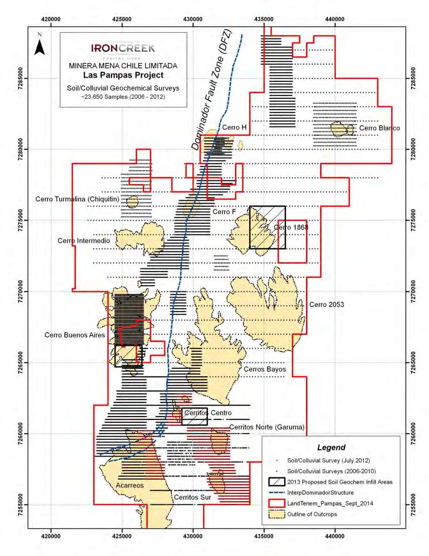 Figure 13: Total Colluvial/Soil Geochemical Survey lines Completed at Las Pampas Project.