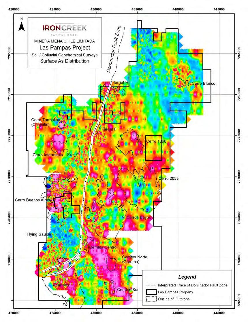 Figure 16: Surface Arsenic Geochemistry at Las Pampas. (Red and purple colours represent soil anomalies from 1200 ppm to up to 2460 ppm As.