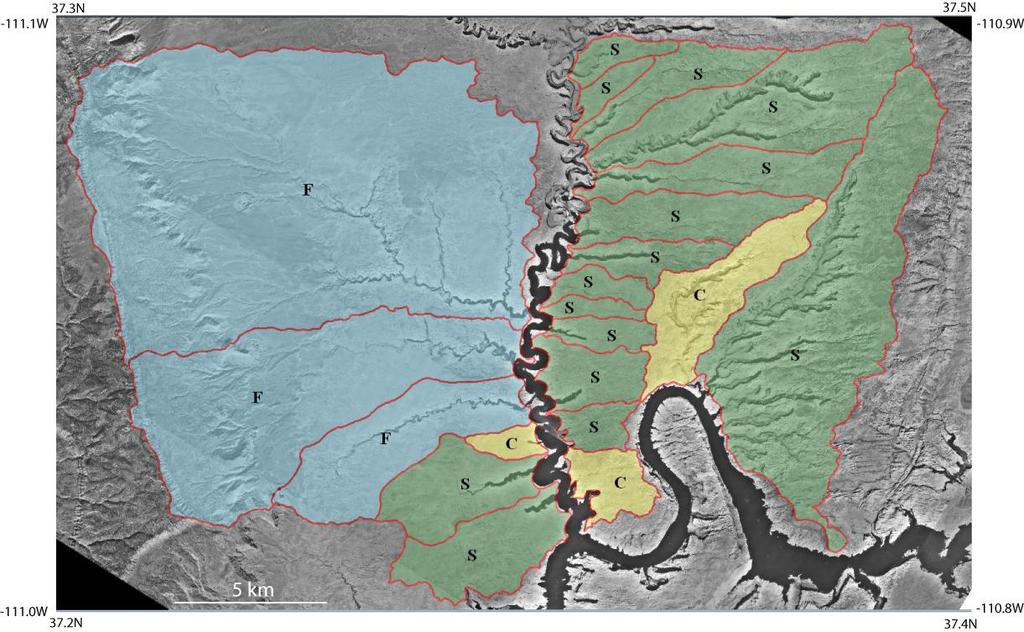 98 Figure 5.8: Escalante region basin map showing the results of the hypsometric study. Basins are categorized as fluvial (F), sapping (S), and combination (C).