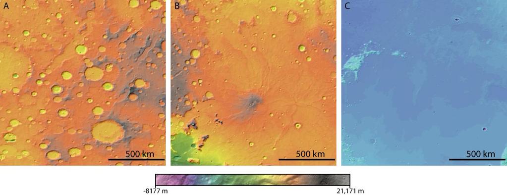 22 Figure 2.2: Colored shaded-relief images of the three regions used to divide the Martian geologic time scale based on crater densities.