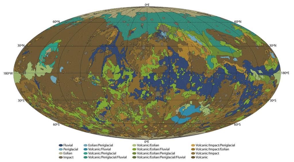 26 Figure 2.4: Resurfacing processes on the surface of Mars. The browns correspond to the volcanic and impact processes that dominated the resurfacing of the planet.