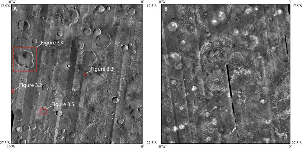 35 Figure 3.1: THEMIS IR mosaics showing brightness temperature signatures from (A) daytime and (B) nighttime.