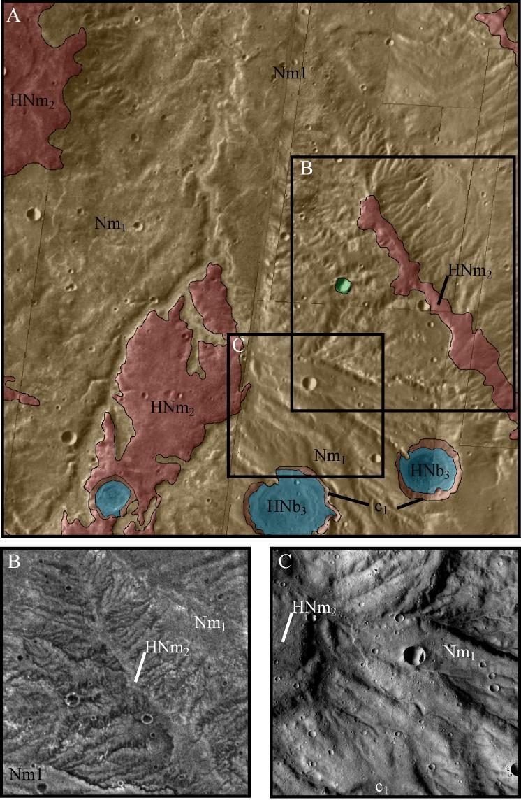 Figure 4.3: (A) Geologic map showing the type location of dissected megaregolith Nm 1 terrain.