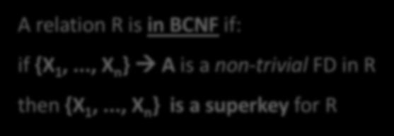 Boyce-Codd Normal Form BCNF is a simple condition for removing anomalies from relations: A relation R is in BCNF if: if