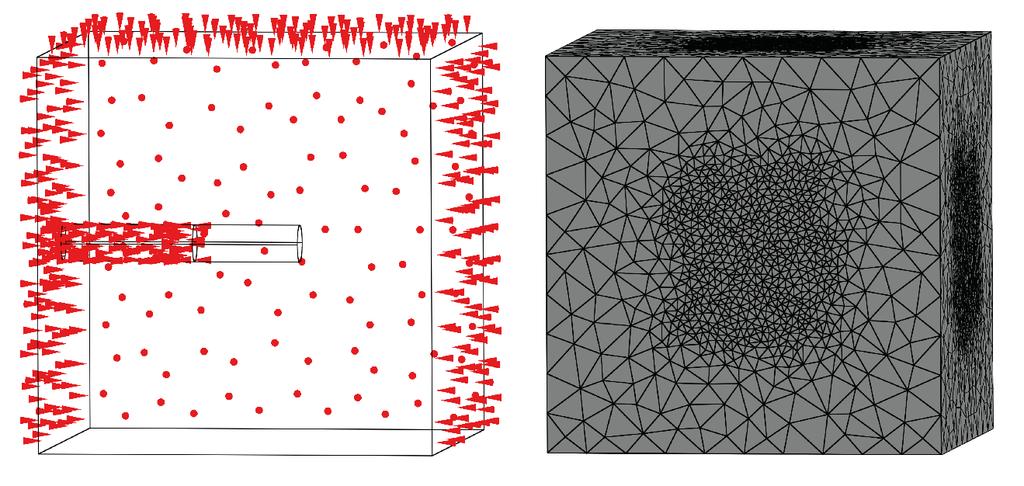 151 Figure A-10 3-D model geometry with boundary condition (left), and mesh with finite borehole length condition (right).
