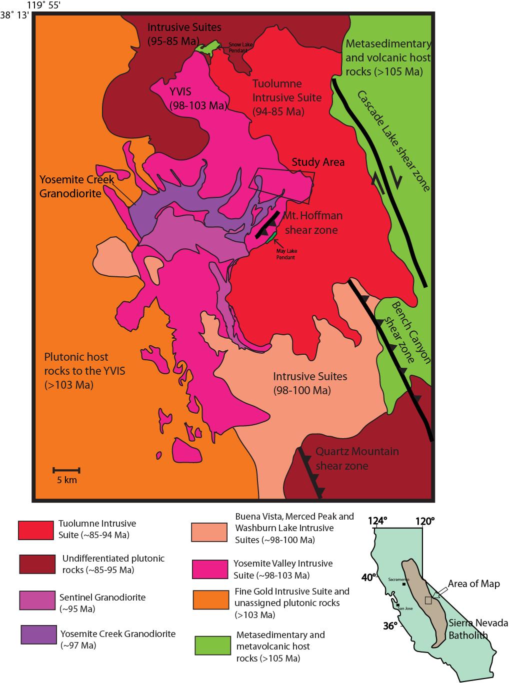 Figure 1. Map of the central Sierra Nevada batholith. Modified from Huber et al. (1989).
