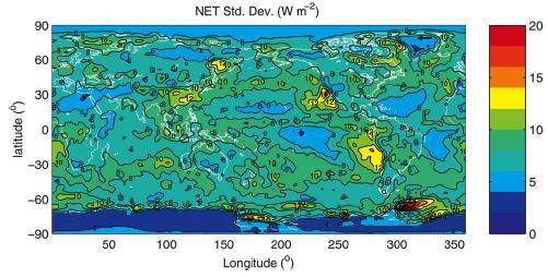Standard deviation of NET (SW+LW) anomalies (March 2000 to Feb 2004) Thick high clouds: Negative SW