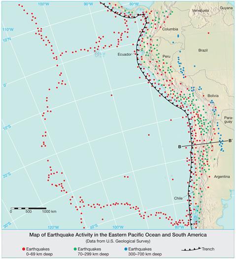 Q5. Refer to the map of earthquake activity in Eastern Pacific Ocean and South America (map below). The figure demonstrates the alignment of earthquakes along plate boundaries.