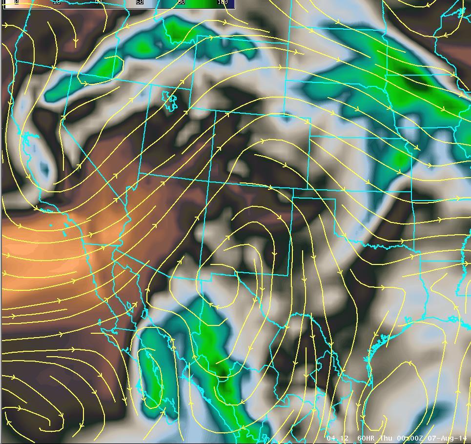 Upper Level Forecast Chart (Image is Moisture) Wednesday Weekly Weather Briefing Wednesday: Dry air continues to nose into NM as upper level high builds