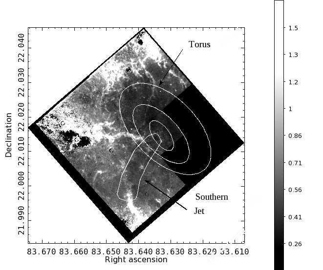Right: Spectral index map constructed using the data of the F547M and F814W filters. The torus, inner ring and jet are indicated for orientation.