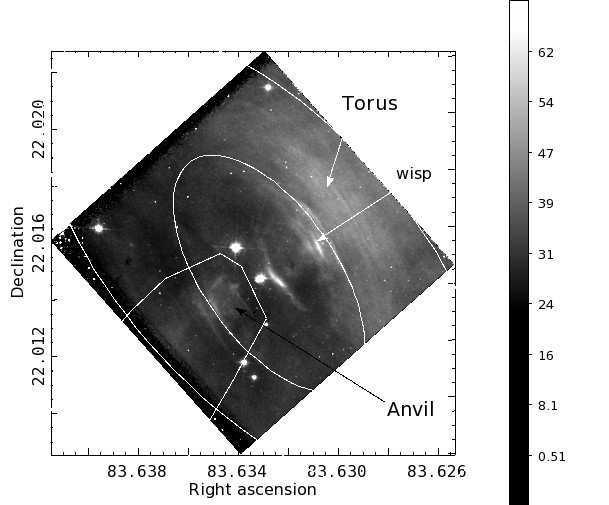 Figure 3. Enlarged image of the central part of the PWN shown in Fig.2. It contains the pulsar, beginning of the jet and the inner ring structures.left: The direct image. Right: Spectral index map.
