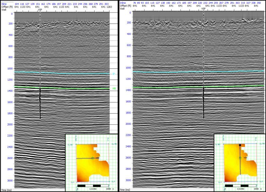 Fig 3. CDP Stack: inline (left) and crossline (right). VSP borehole is indicated in the middle and basemap in the bottom right.