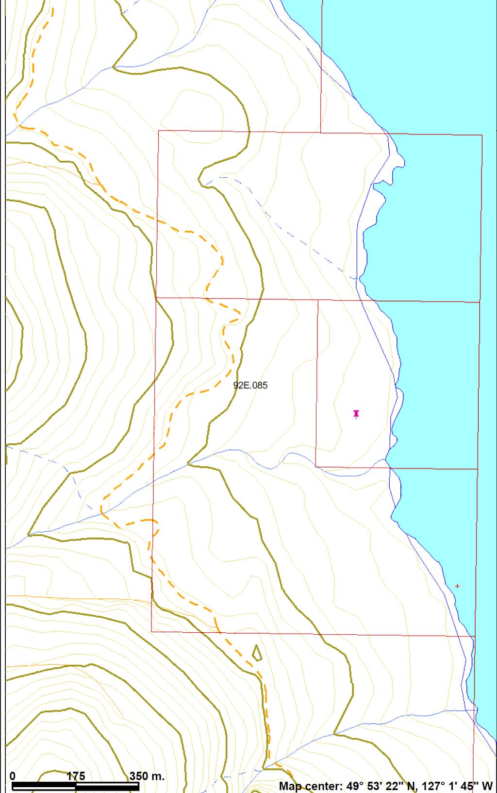 0.0025 1:10 000 Map Showing values in ppm gold and claim boundaries based on Mineral Titles Online Claim Map