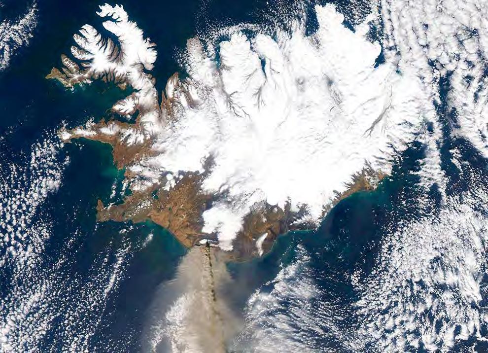 The ash plume of southwestern Iceland's Eyjafjallajokull volcano streams southwards over the Northern Atlantic Ocean in a satellite photograph made April 17, 2010.