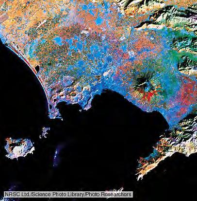 INFRARED IMAGES This is a satellite image showing the area around Mount Vesuvius and the bay of Naples, Italy. Vesuvius, an active volcano, is the circular structure, center right.